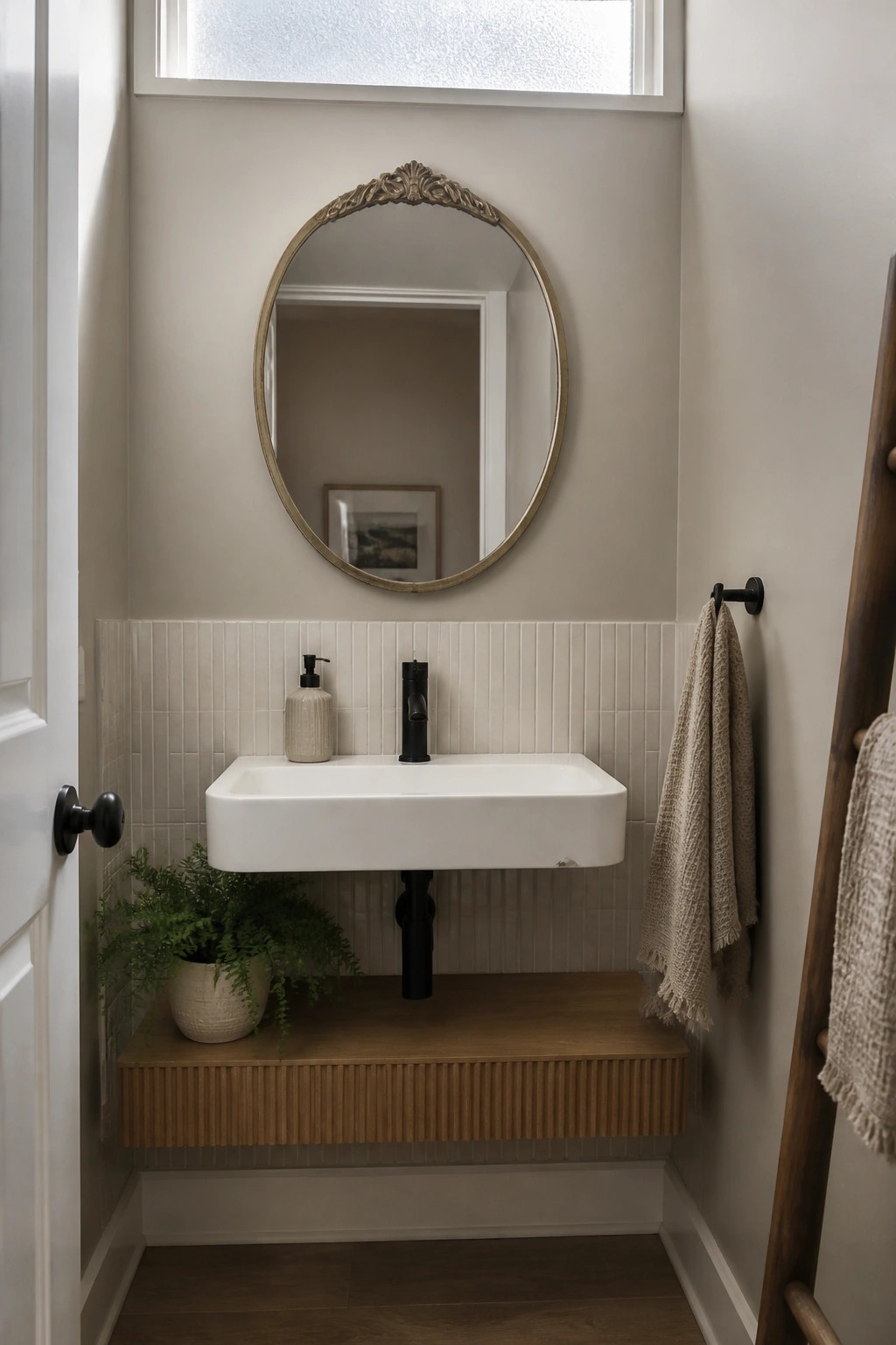 Modern bathroom with white sink, ornate round mirror, black faucet, and wooden shelf.