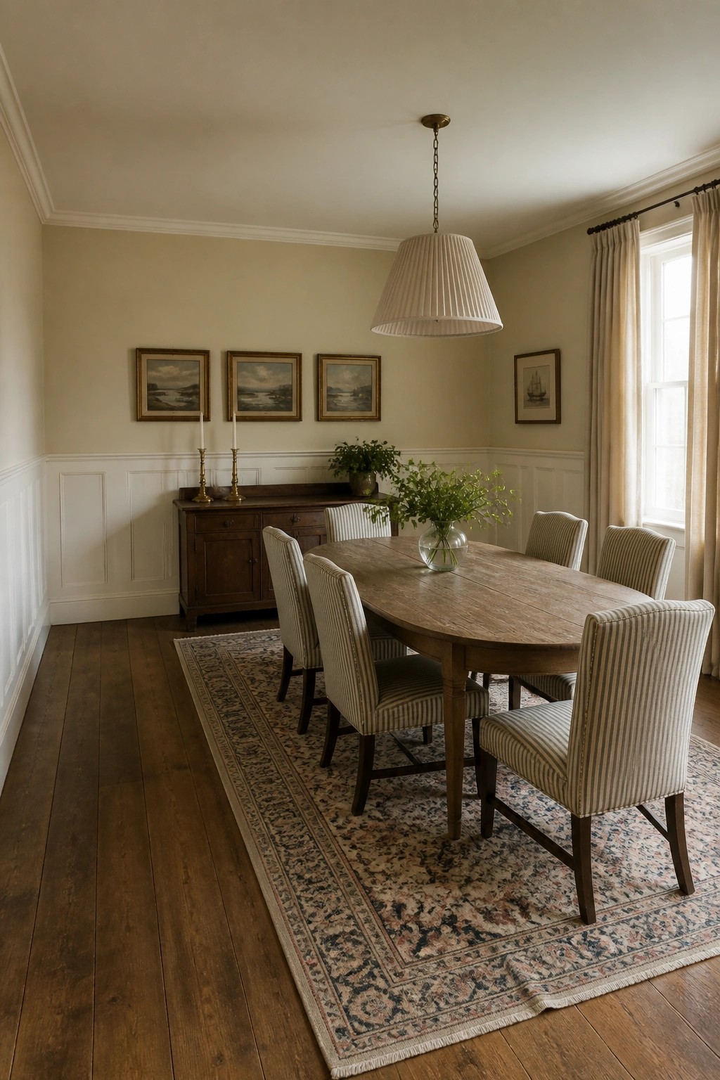 Dining room walls painted in a soft warm beige above white wainscoting.