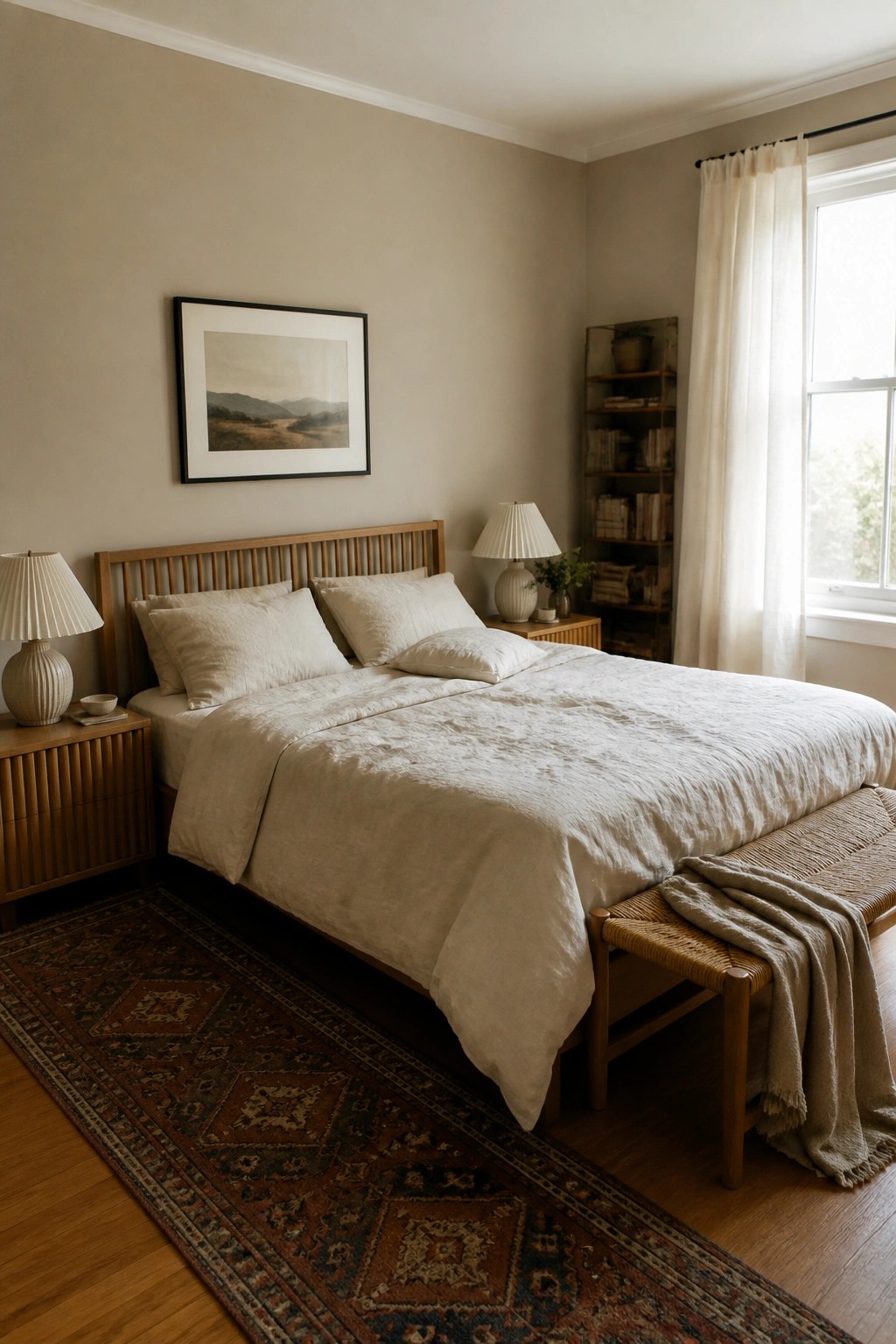 Bedroom with soft warm beige walls and oak furniture.