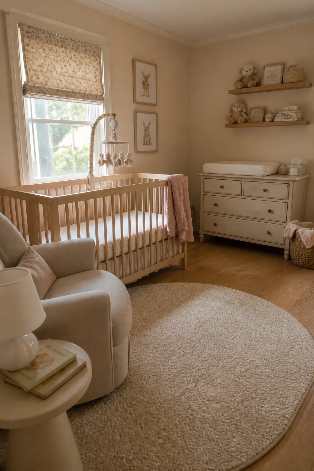 A nursery interior with soft warm beige walls, a light wood crib, and natural daylight.