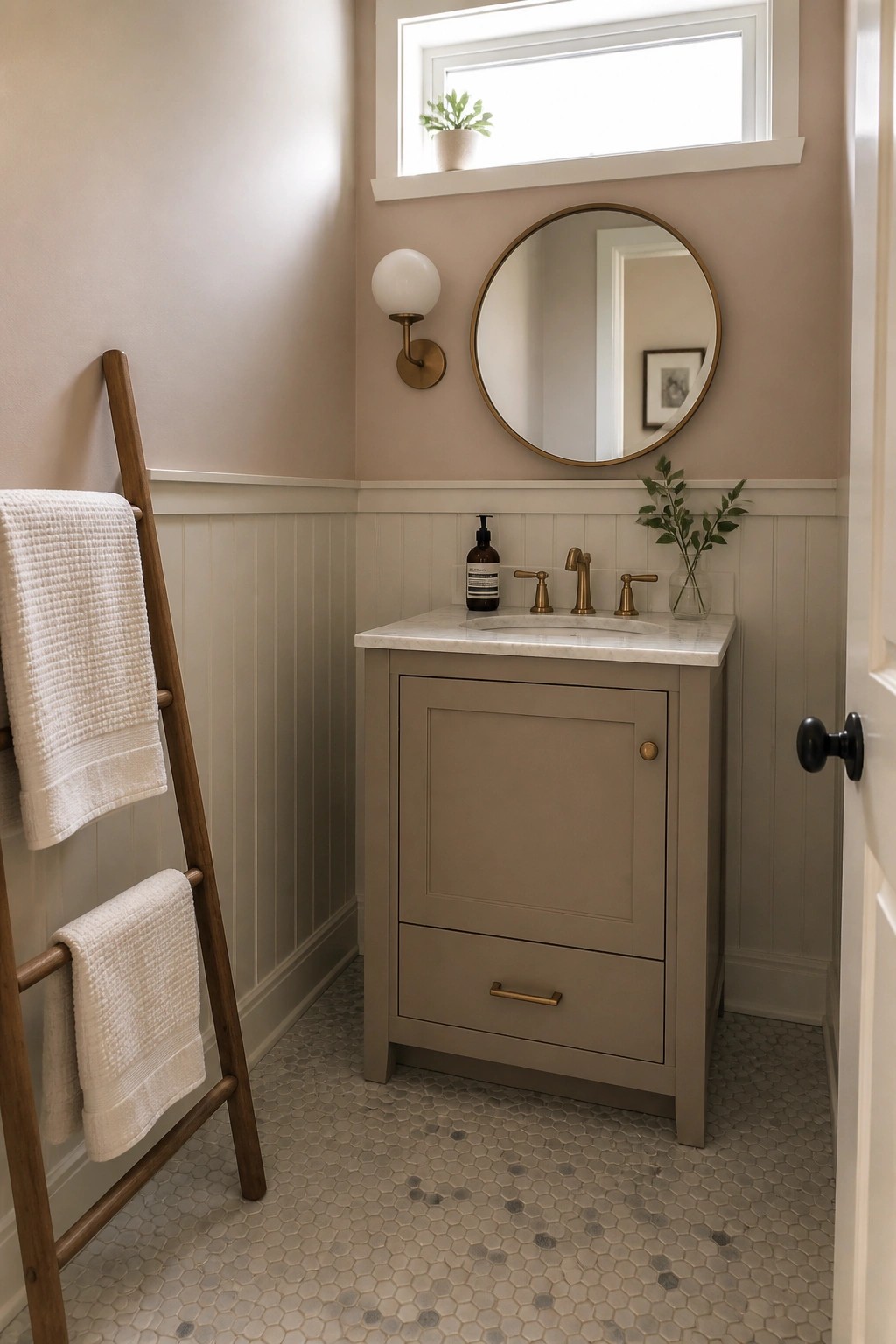 Neutral bathroom with beige vanity, round gold mirror, marble countertop, and wooden towel ladder.