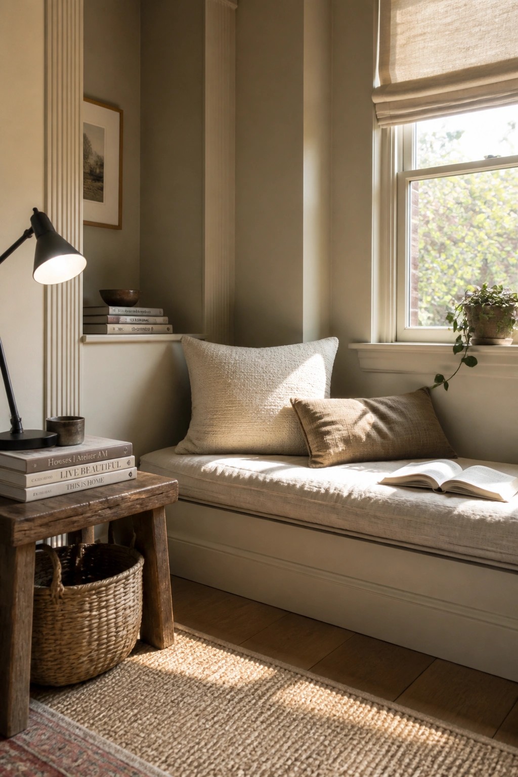 Cozy sunlit window seat with beige pillows, open book, wooden table, lamp, and basket