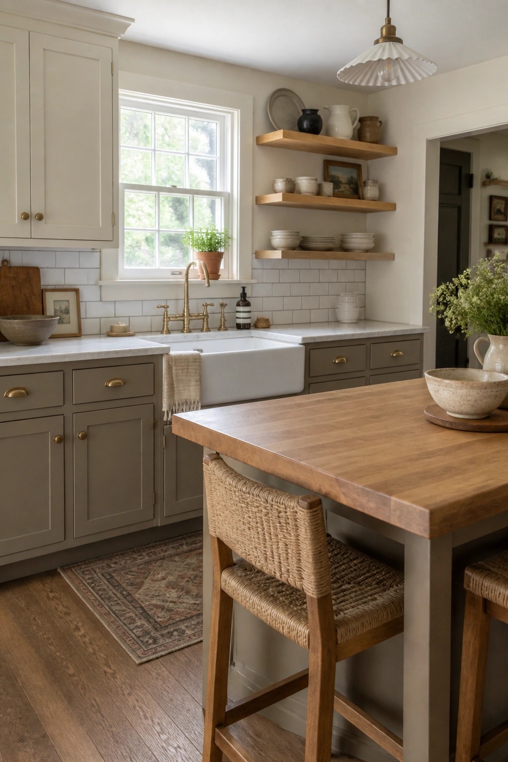 Kitchen with soft greige cabinets, white marble counters, and a wooden island.