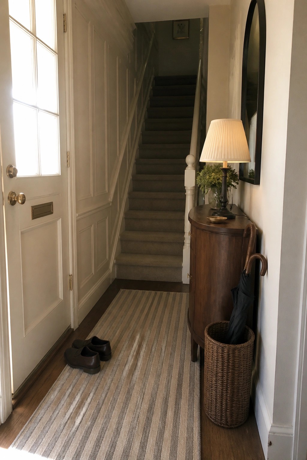 Narrow hallway with soft neutral paneled walls, wood flooring, and a striped runner leading to stairs.