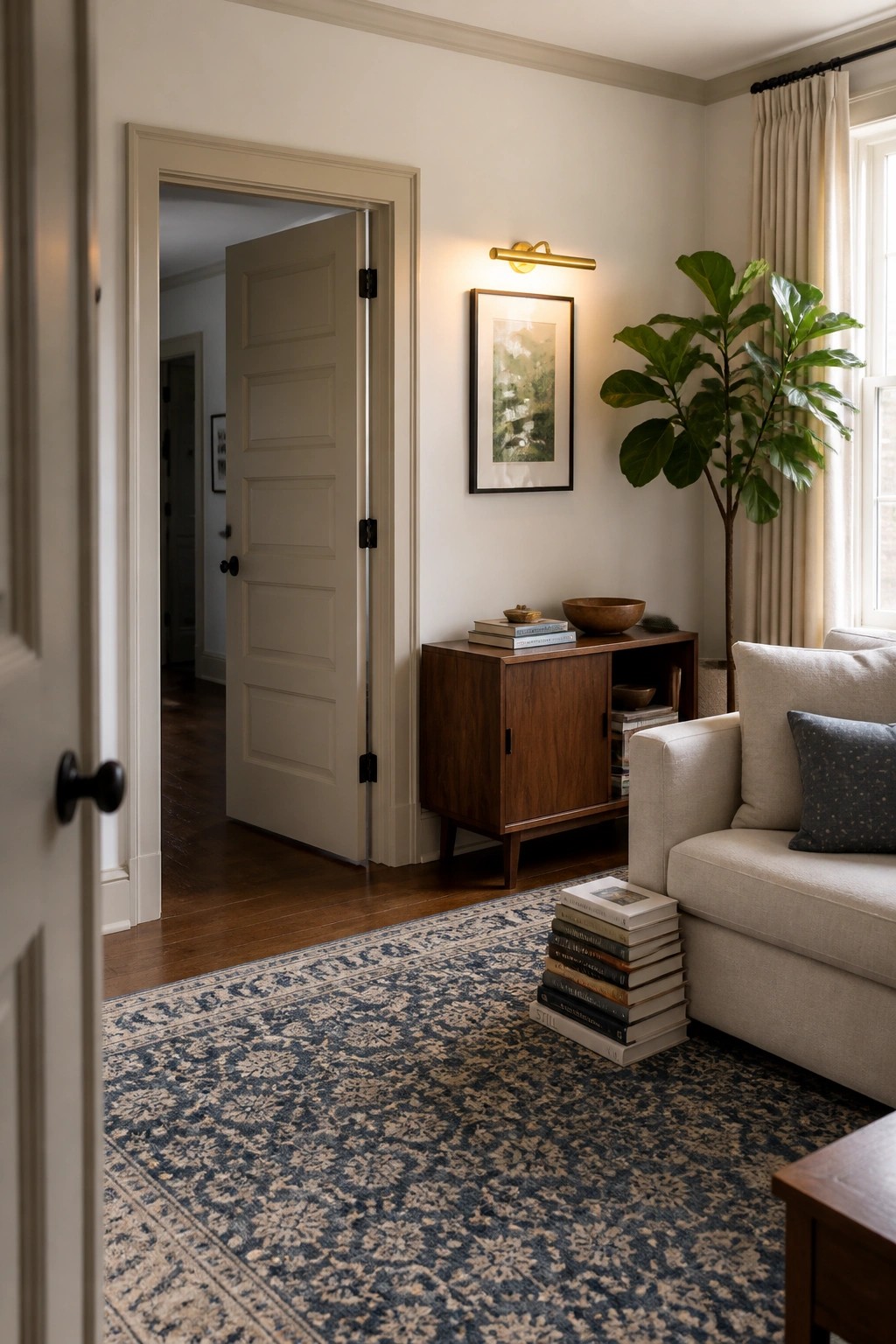 Soft warm neutral walls in a living room with dark wood furniture and a blue patterned rug.