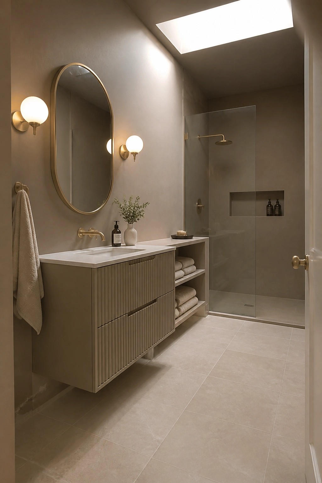 Warm taupe paint covers the bathroom walls and floating vanity in a small tiled space.