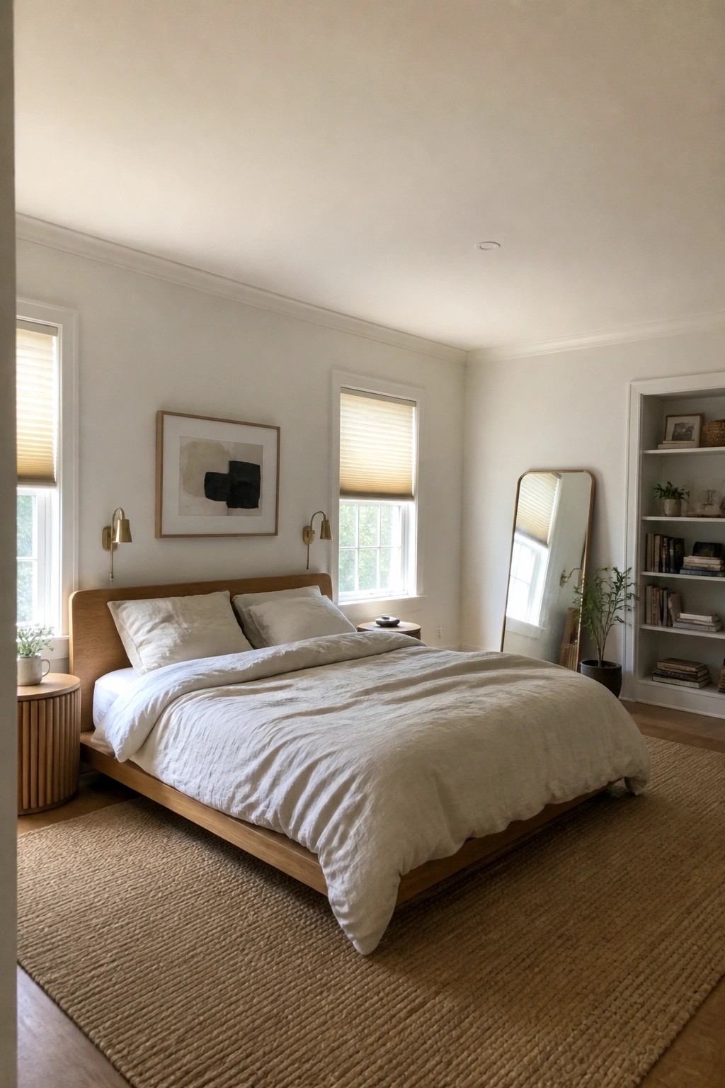 A bedroom with soft warm white walls and light wood furniture.