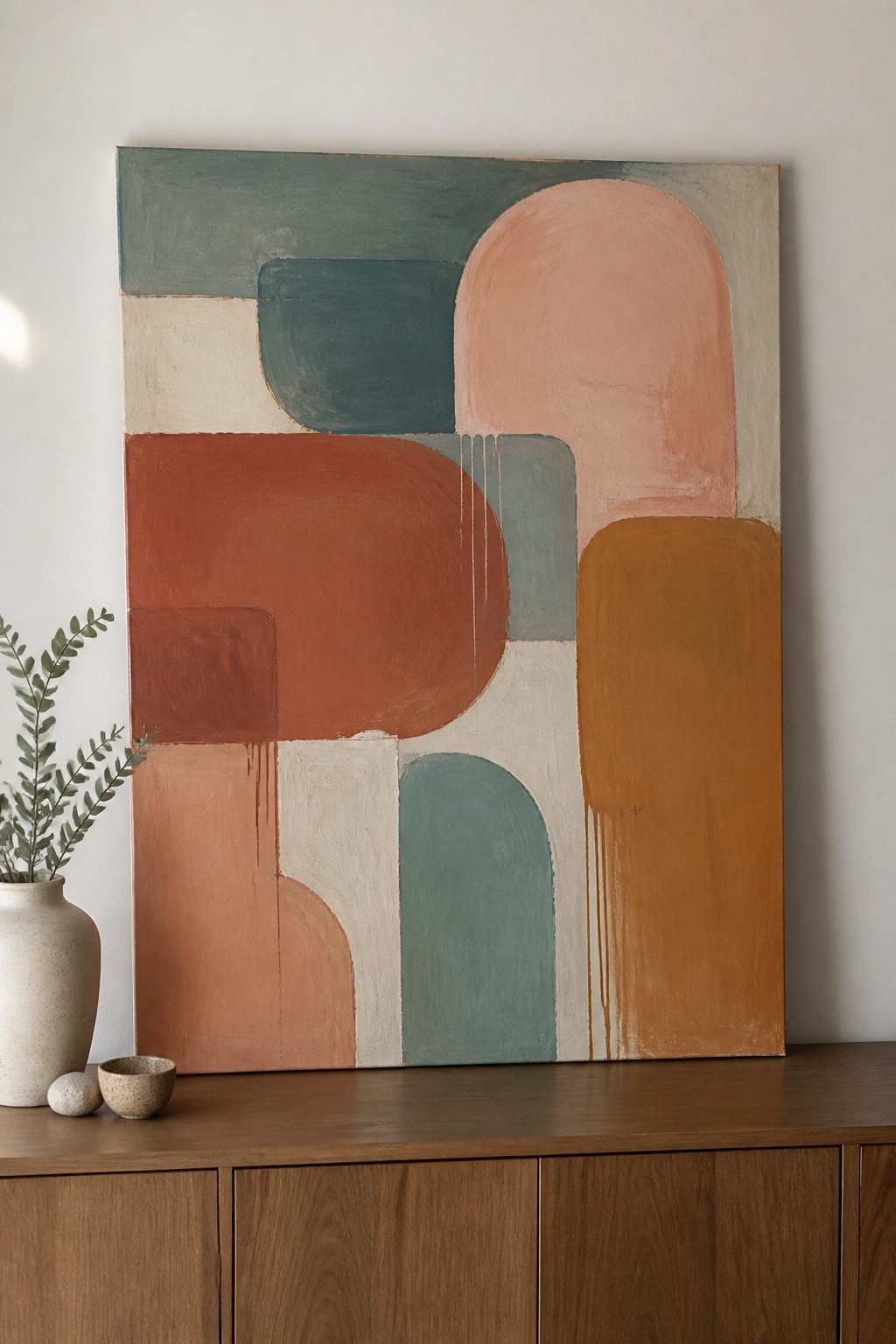 Abstract painting with geometric shapes above wooden console with vase and plant