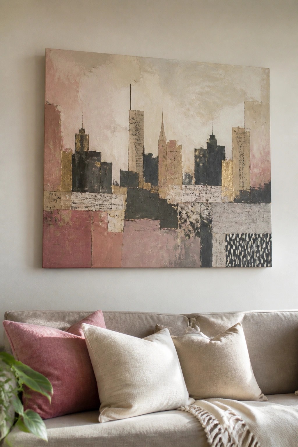 Abstract city skyline painting above beige sofa with pink and neutral pillows