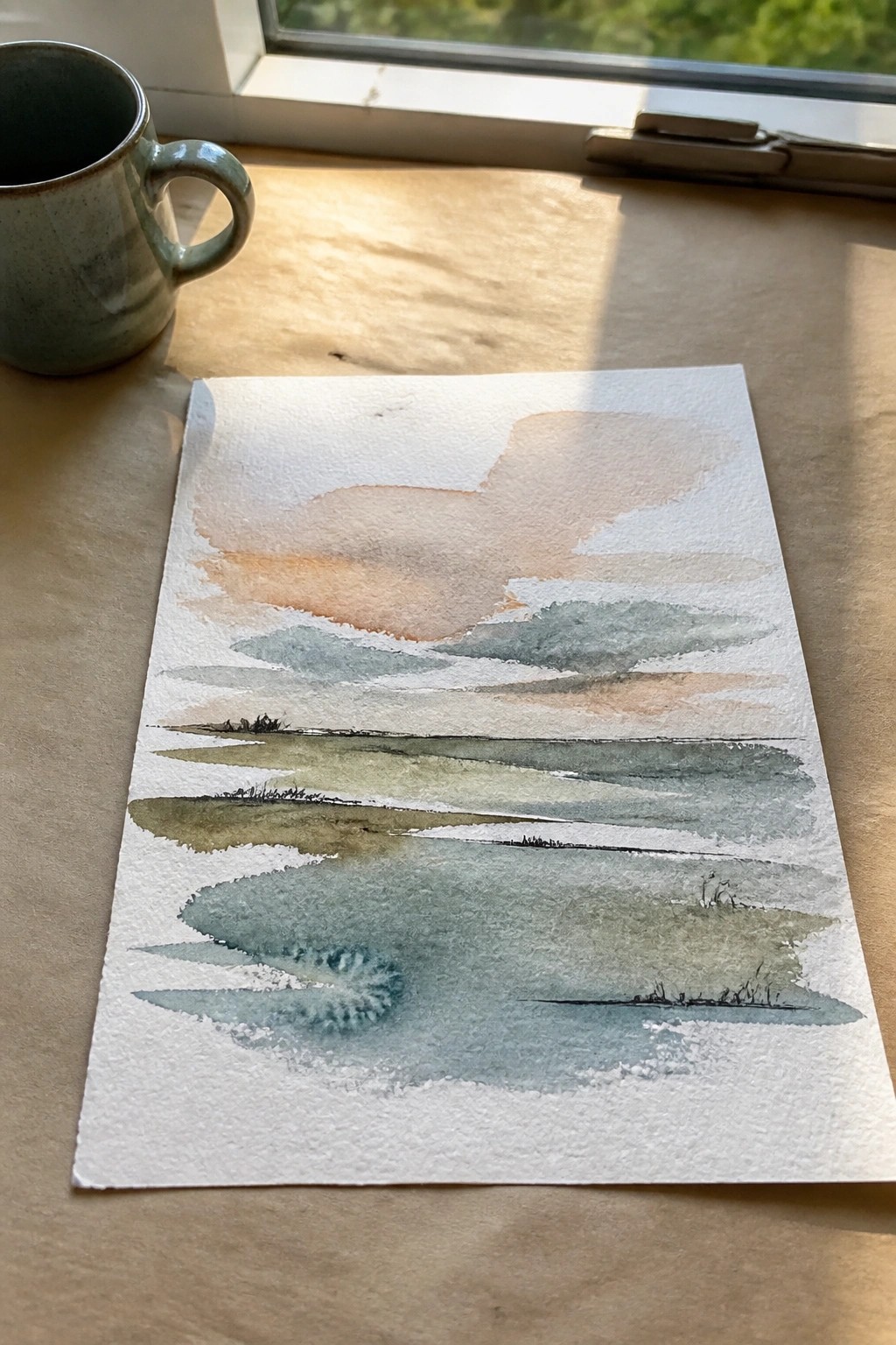 Watercolor abstract landscape with peach and teal washes beside green mug on wood.