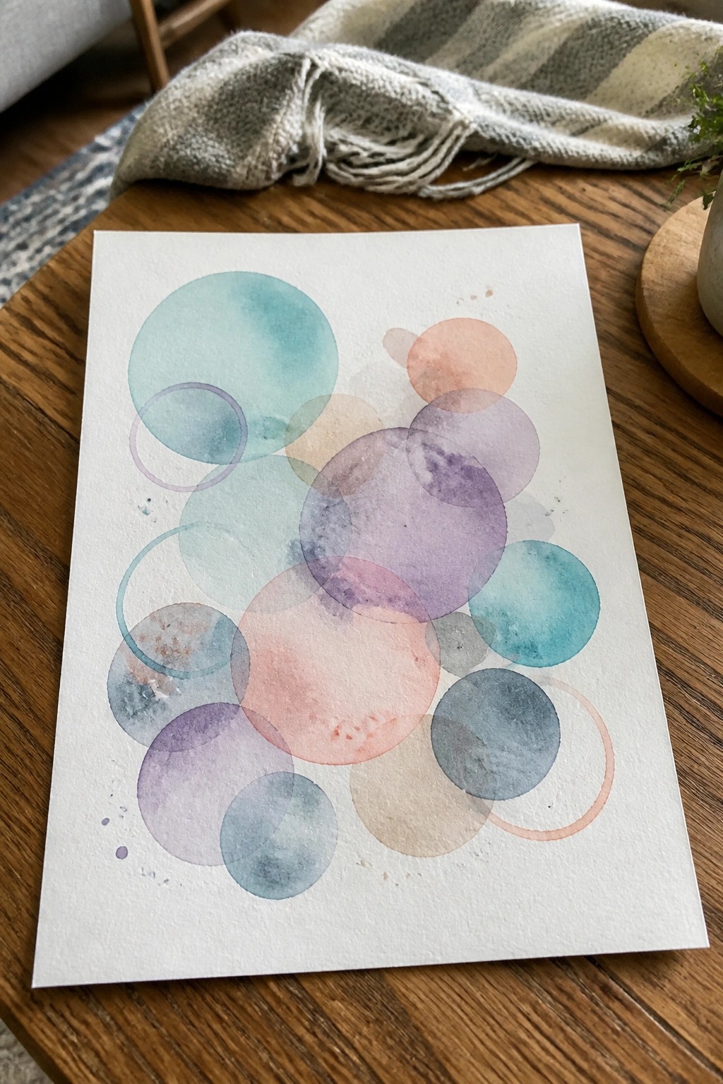 Abstract watercolor painting of overlapping translucent circles in soft teal, purple, pink, and blue on wooden table