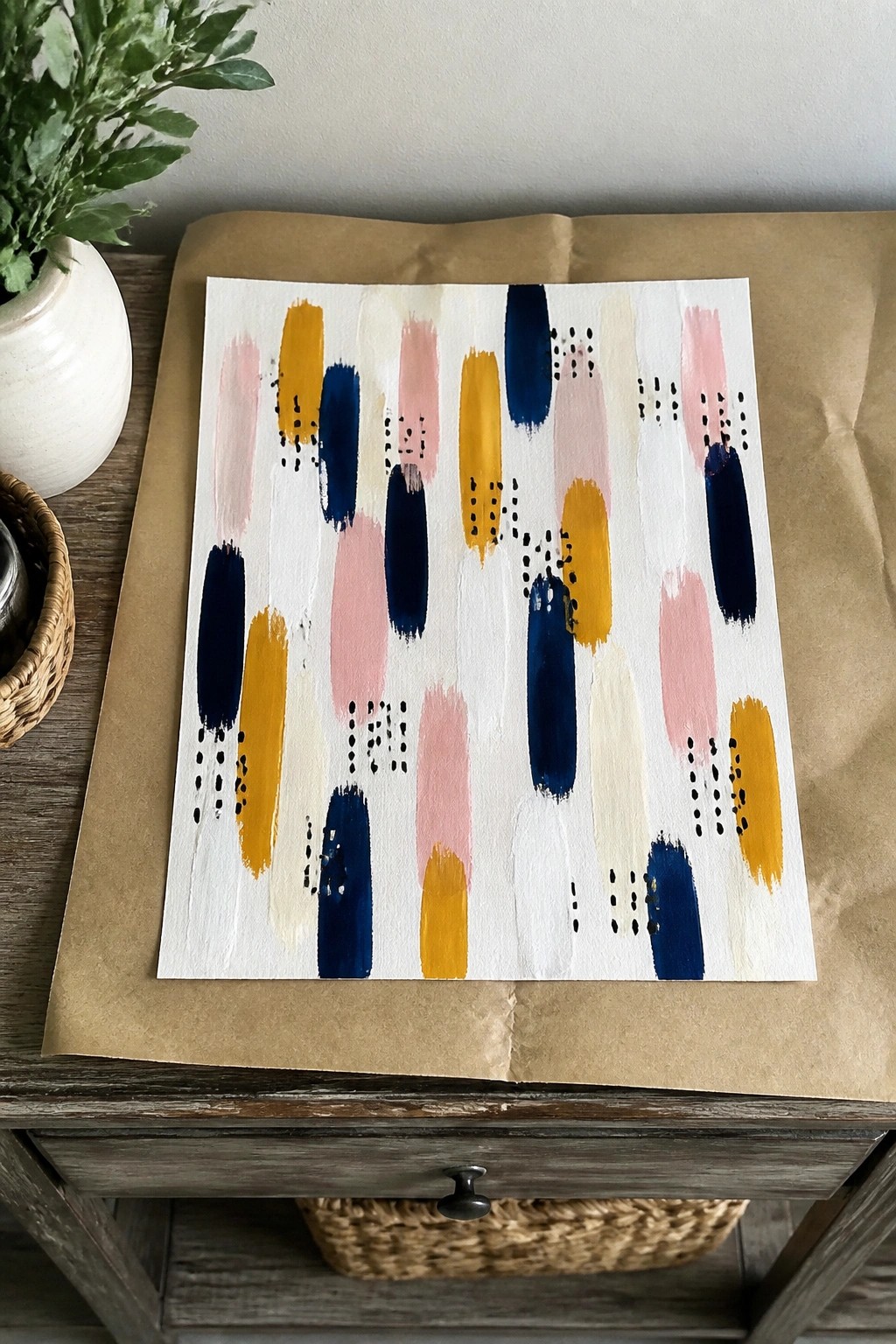 Abstract painting with navy blue, mustard yellow, and pink brushstrokes and dots on white paper