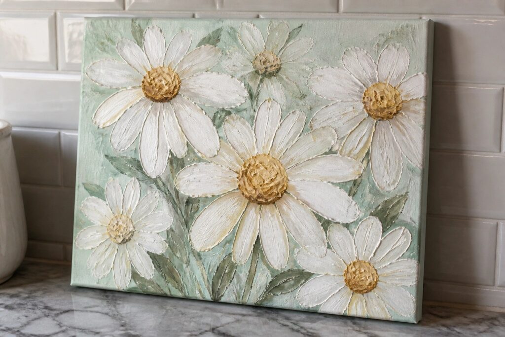 Textured canvas painting of white daisies with yellow centers on light green background