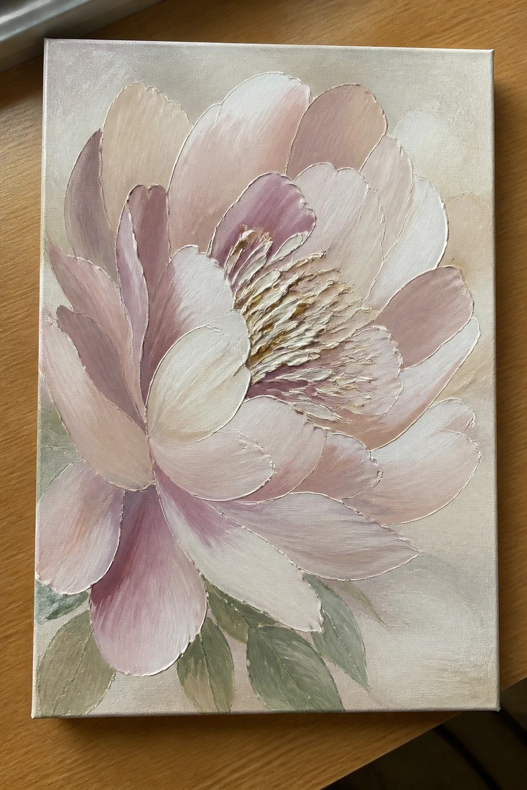 Large pink peony painting with soft pastel petals, gold accents, and green leaves on canvas