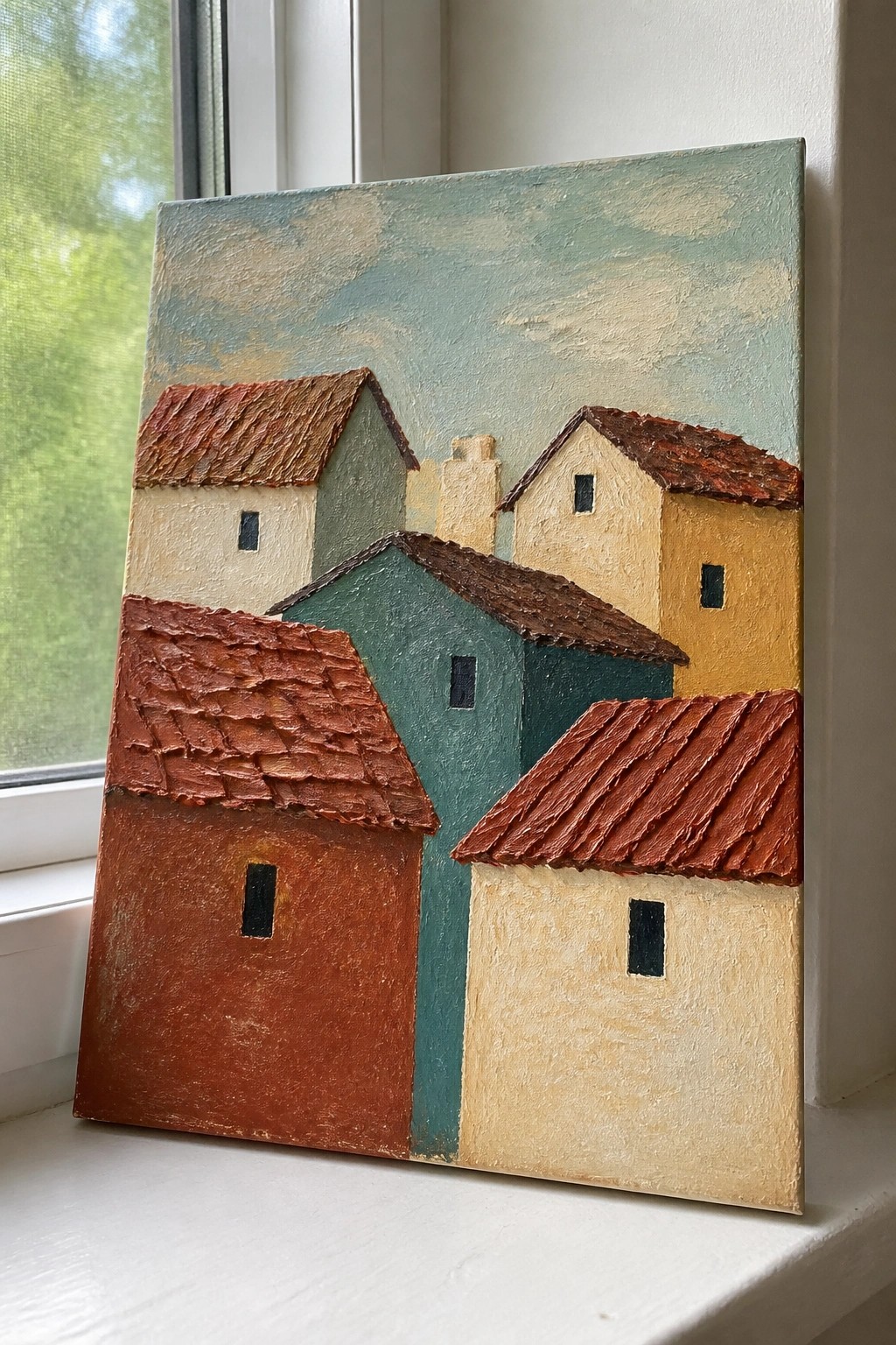 Textured painting of colorful village houses with red roofs on a windowsill.