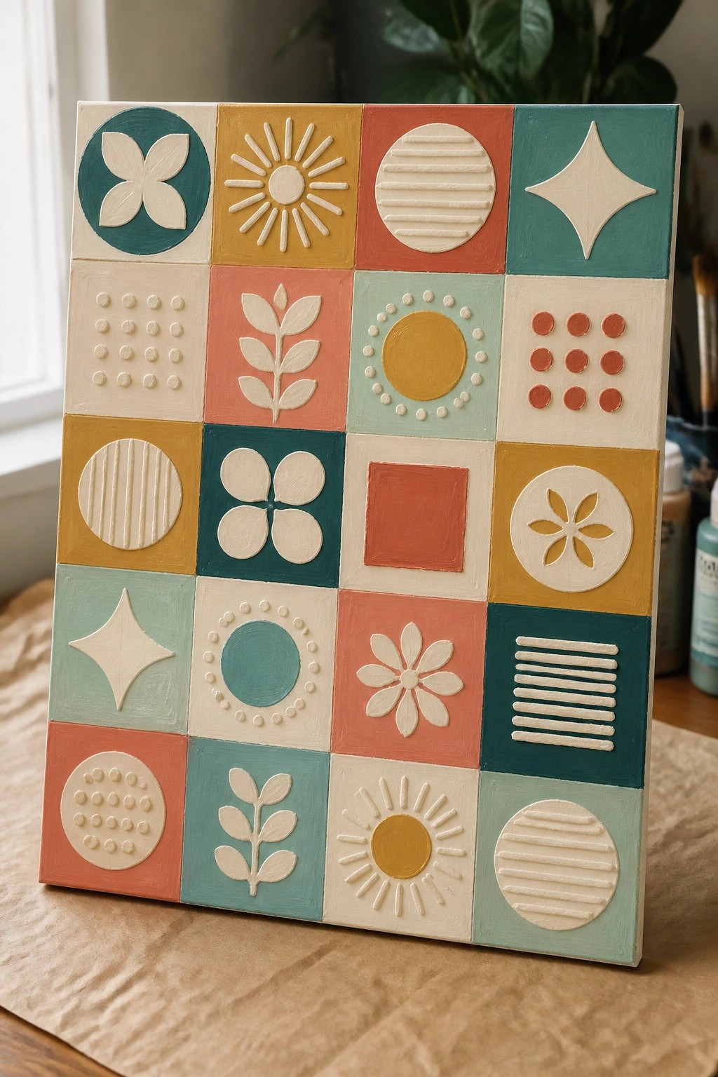 Colorful 4x5 grid canvas with raised floral, sun, and geometric patterns in pastels.