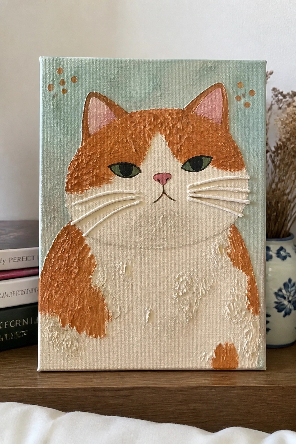 Orange and white cat painting on light teal canvas with gold dots