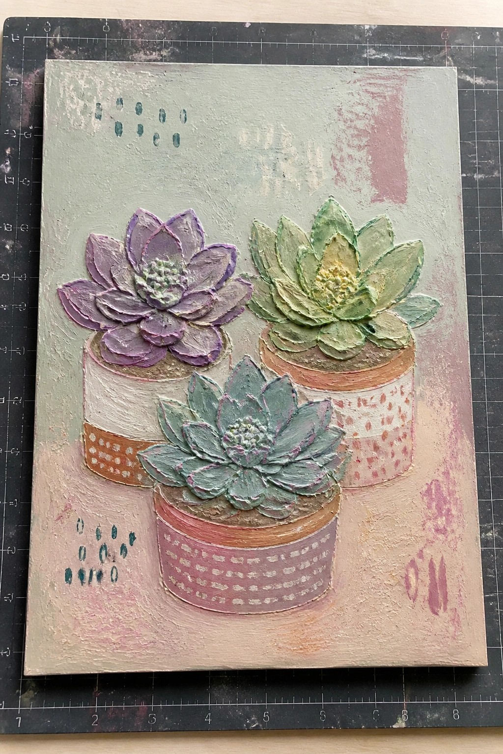 Textured painting of three colorful succulents in patterned pots on abstract background