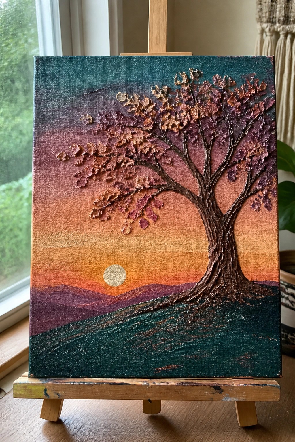 Impasto painting of an autumn tree against a vibrant sunset, displayed on wooden easel.