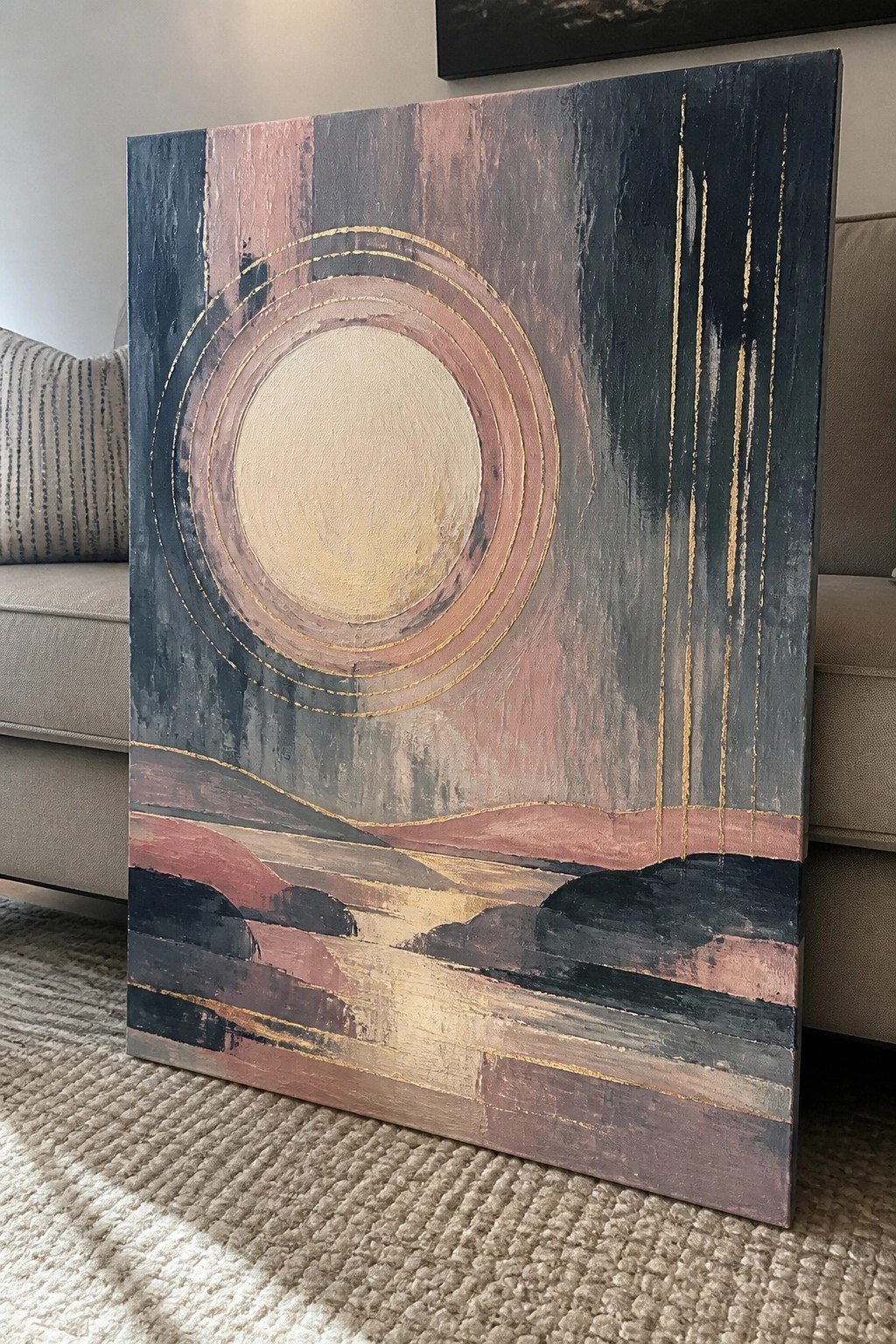 A rectangular acrylic painting shows a large pale circle with gold rings over a dark blue and pink textured background above a layered horizon of hills.