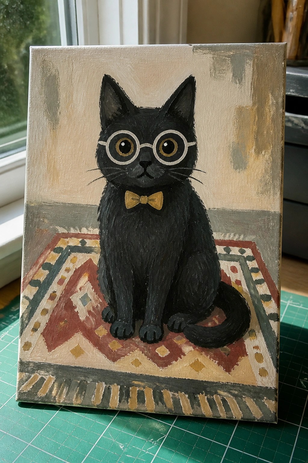 An acrylic painting of a black cat wearing round glasses and a yellow bow tie, sitting upright on a colorful patterned rug.