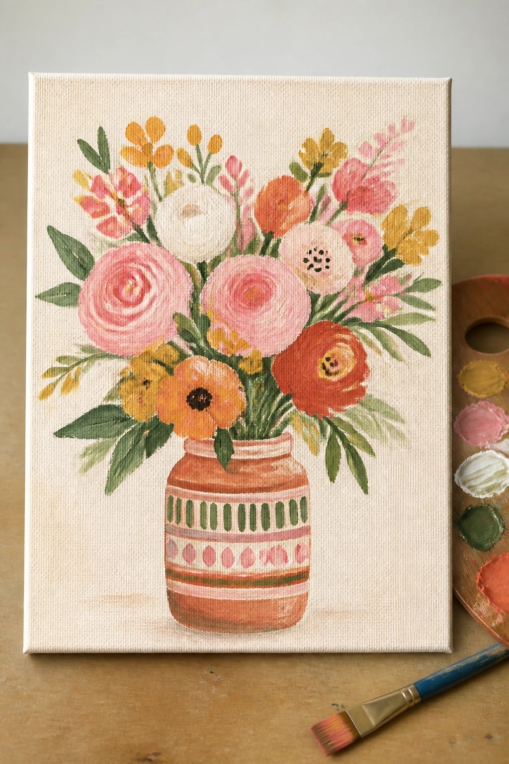 Vibrant painting of pink, orange, and yellow flowers in a patterned vase