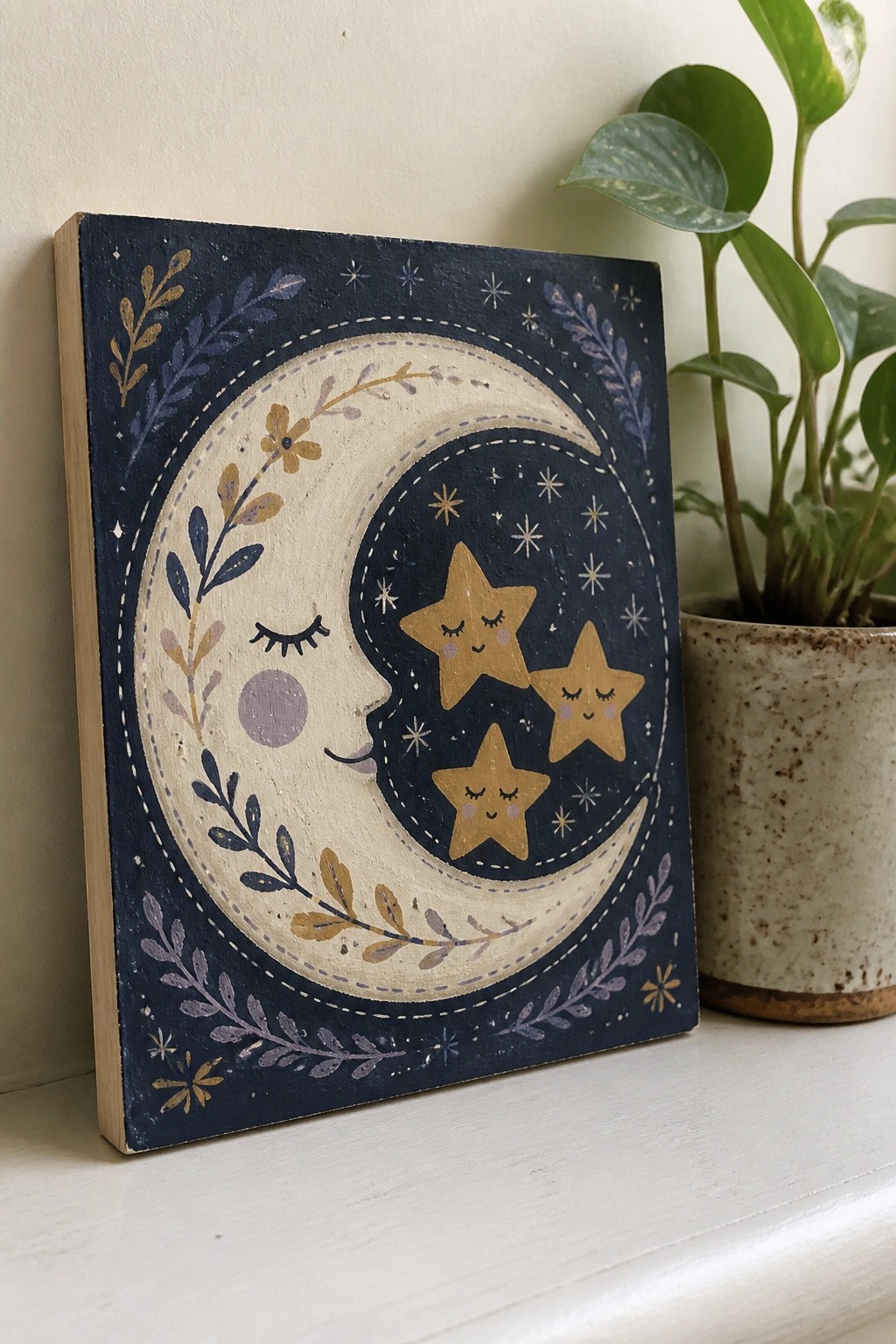 Square canvas with a beige crescent moon face, three yellow stars with faces, and purple-gold leaf borders on dark blue.