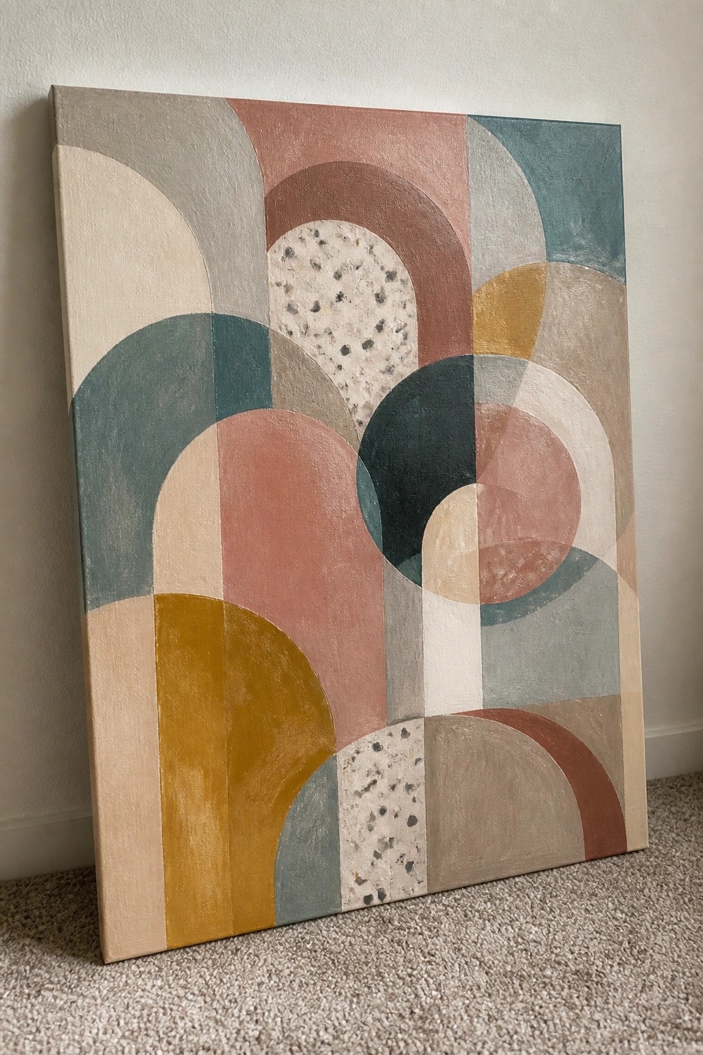 Abstract geometric painting with overlapping circles and arches in muted earth tones on carpet