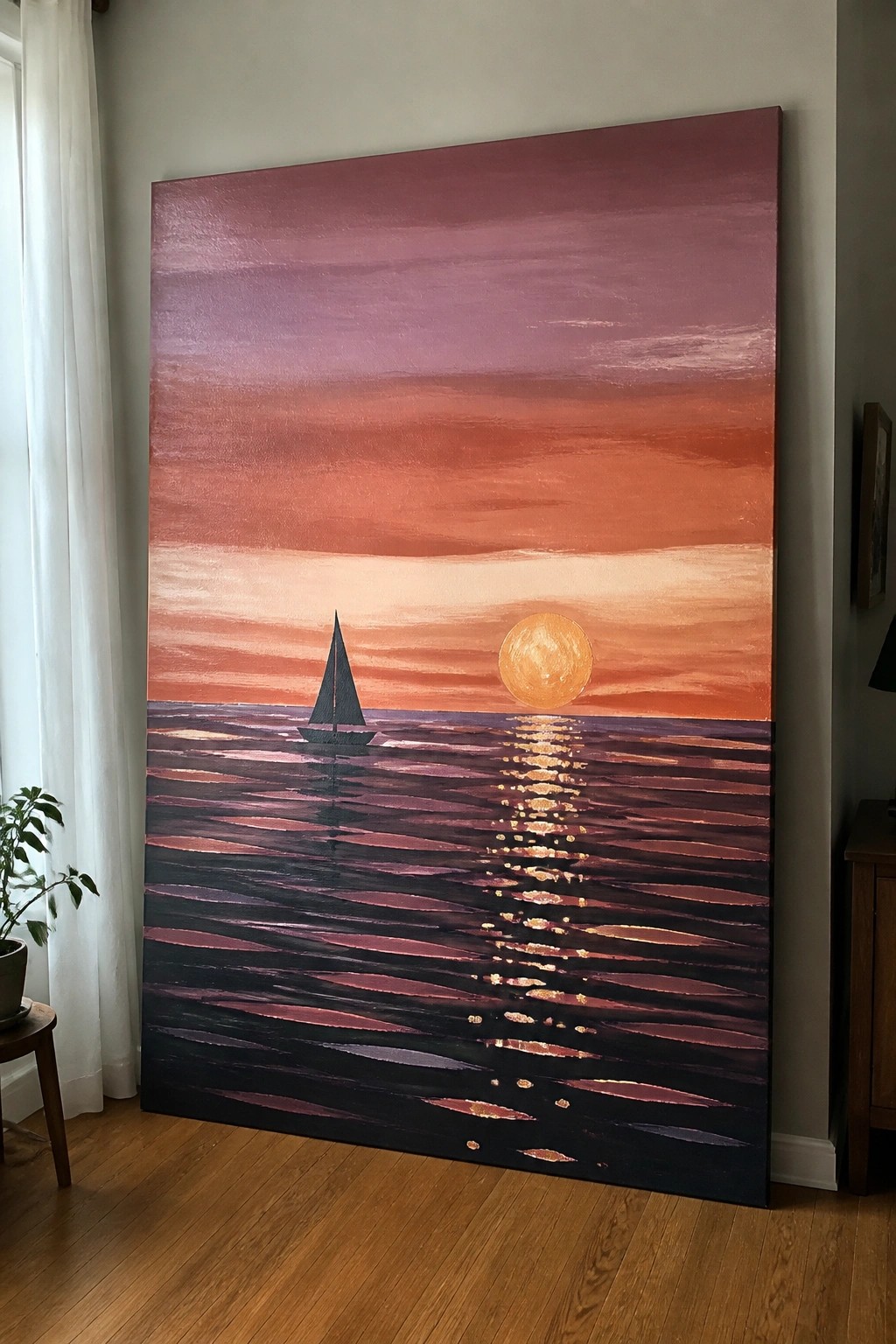 Large abstract painting of sailboat on wavy ocean at vibrant purple-orange sunset with sun reflection