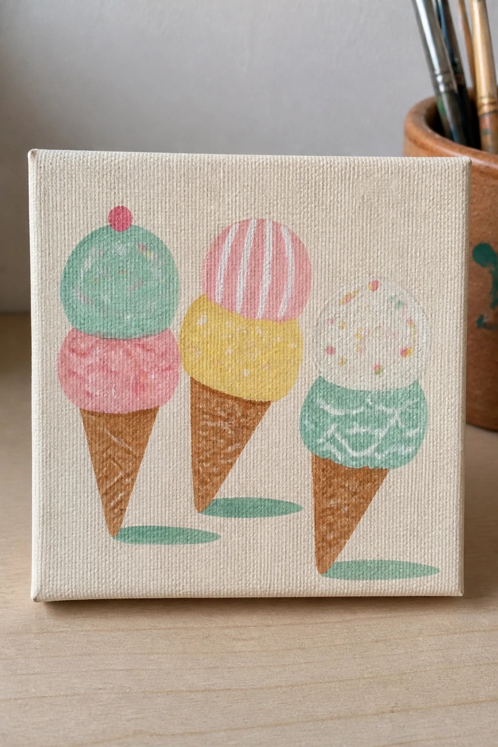 Three pastel ice cream cones painted on a small square canvas with brushes nearby.