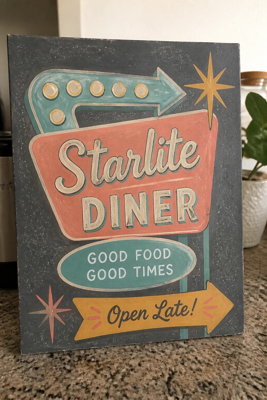 Retro painted sign for Starlite Diner with teal arrows, stars, and slogans.