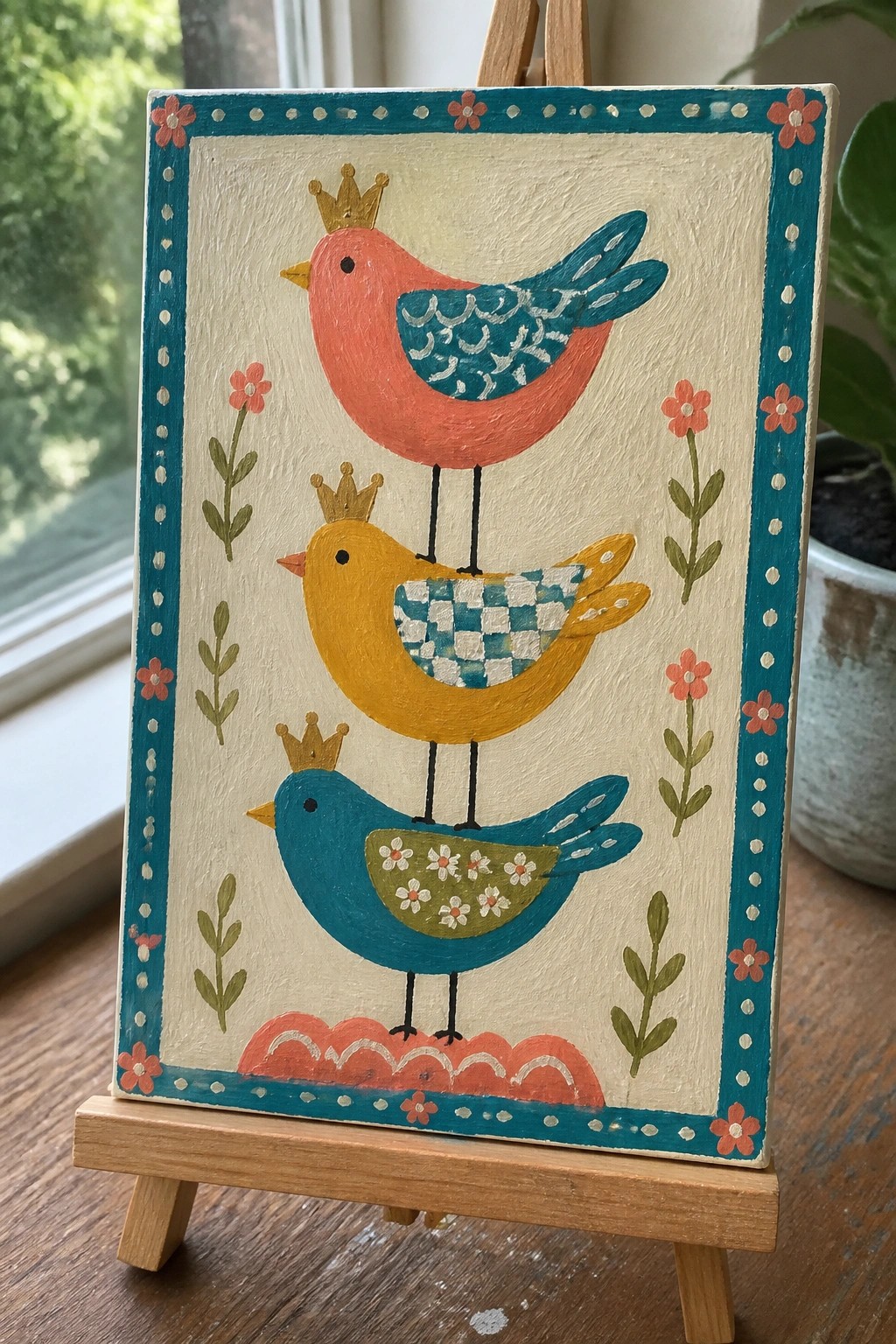 Three stacked crowned birds in pink, yellow, and blue with floral teal border