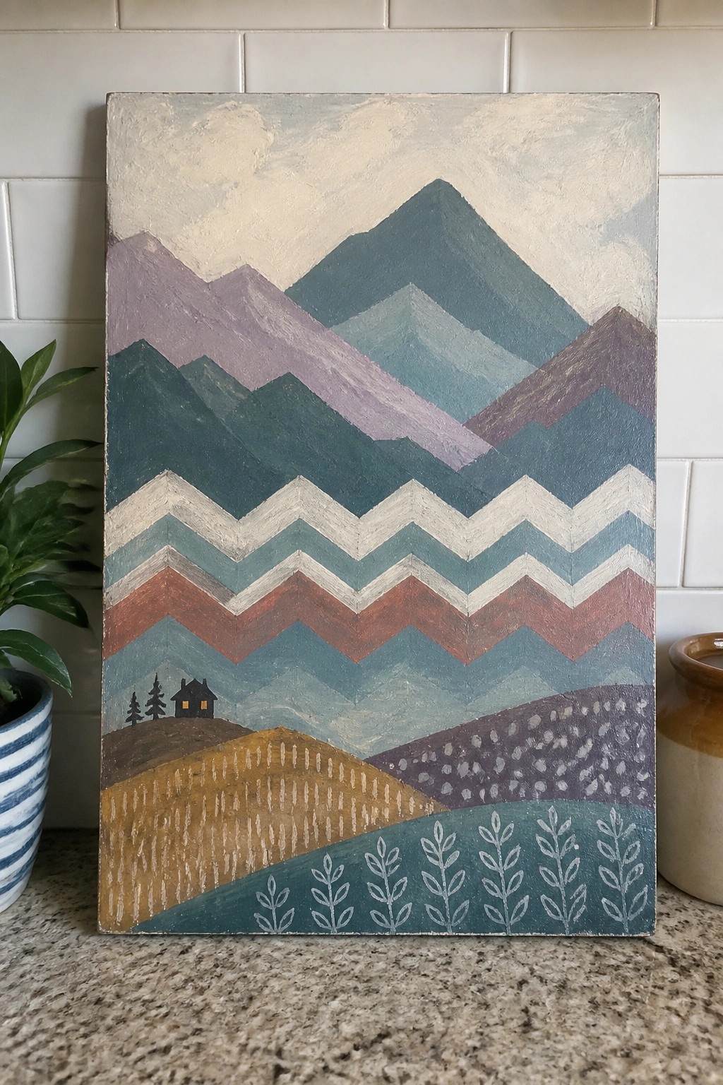 Layered mountain landscape painting with chevron patterns, rolling hills, and a small house.