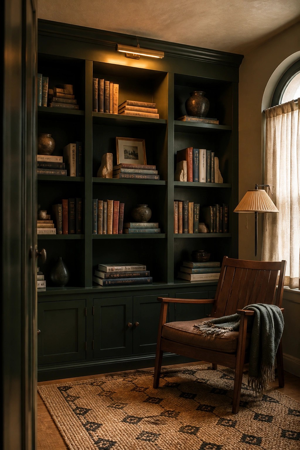 A deep green built-in bookshelf and cabinet unit in a cozy reading corner with wood furniture.