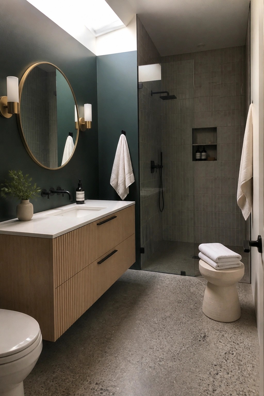 Modern bathroom with dark green walls, round gold mirror, wood vanity, and tiled shower.