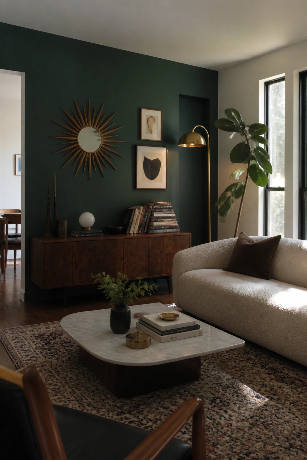 Modern living room with dark green wall, sunburst mirror, white sofa, and marble coffee table.