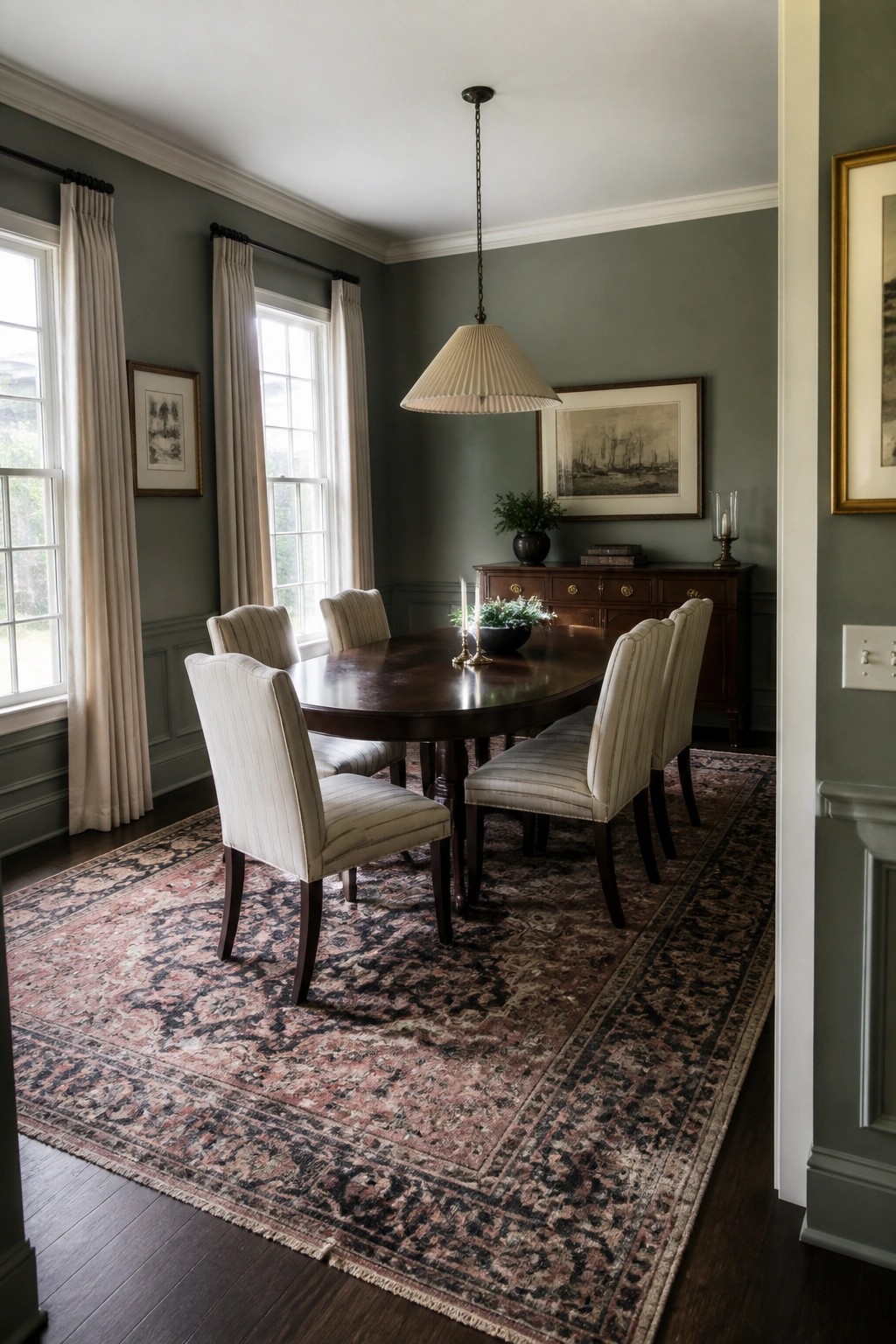 Dining room with muted green walls and a dark wood table.