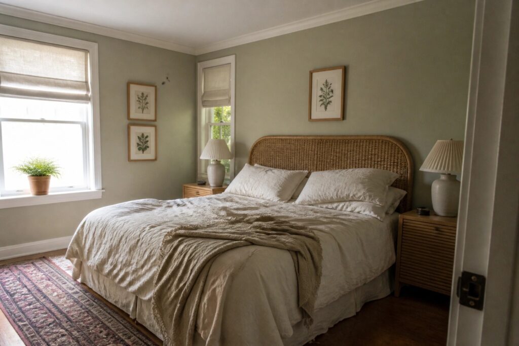 A bedroom with muted sage green walls, a rattan headboard, white bedding, and warm wood floors.