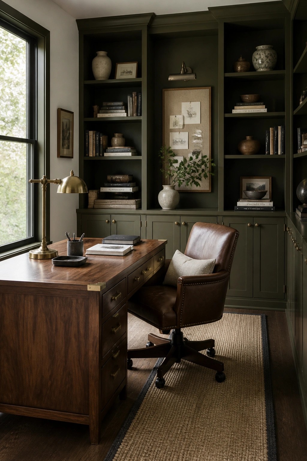 Dark green built-in shelves frame a wooden desk and brown leather chair in a study.