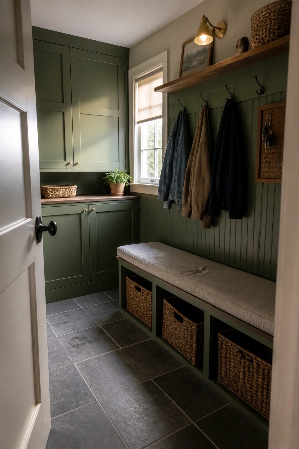 A compact mudroom with deep green cabinetry, bench, and walls.