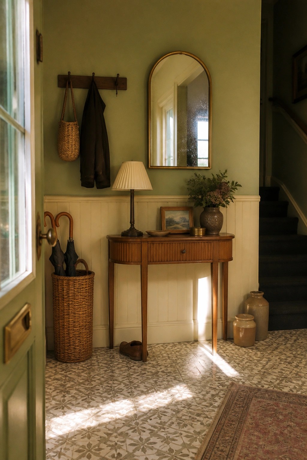 Sunlit green entryway with wooden console table, arched mirror, wicker baskets, and patterned tiles.