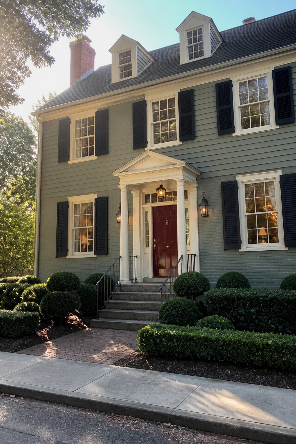 Gray colonial house with red door, black shutters, white portico, and manicured shrubs