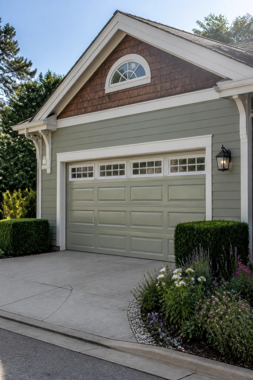 Sage green two-car garage door with white trim and flower garden landscaping