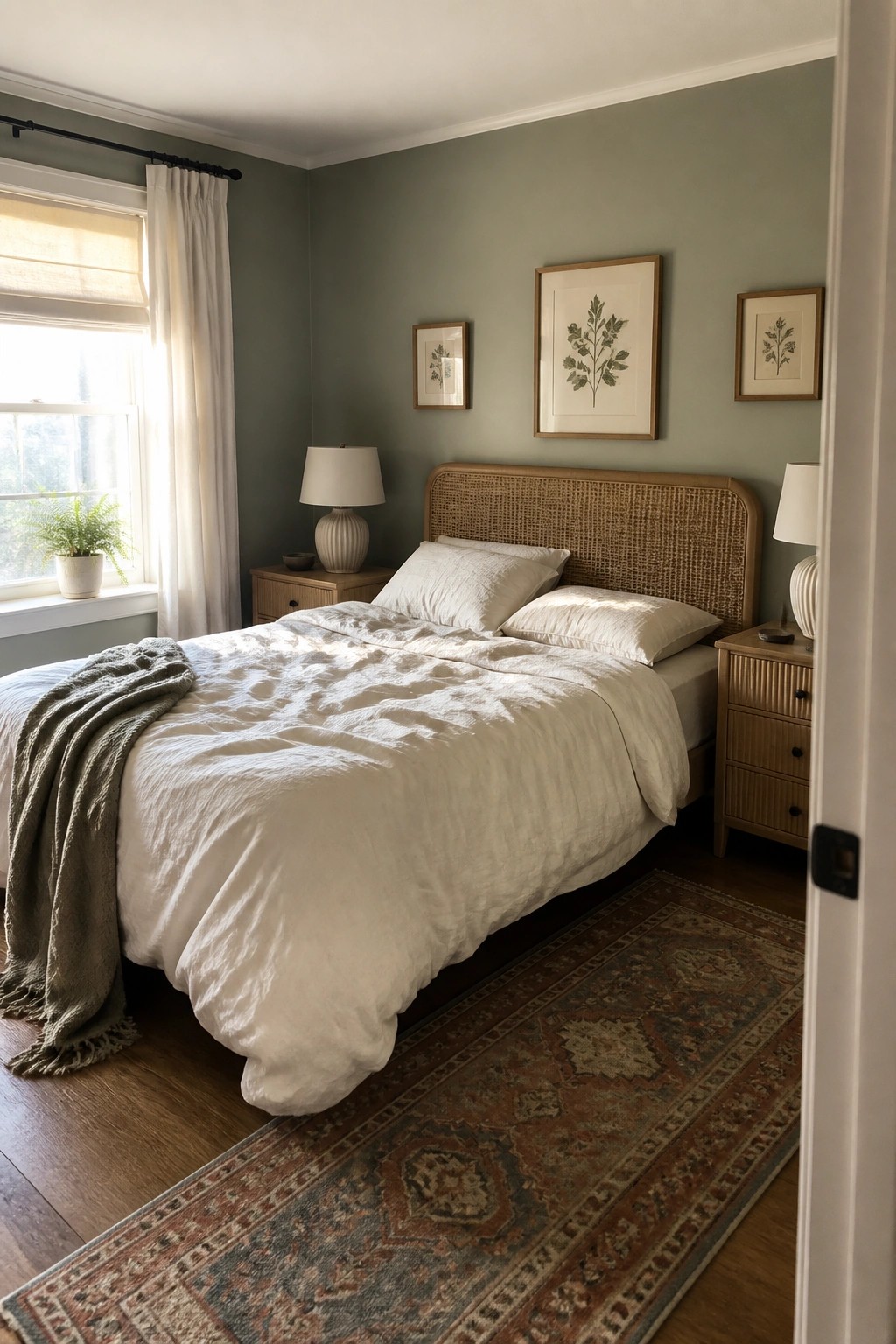 A bedroom with muted sage green walls, a rattan headboard, white bedding, and warm wood floors.