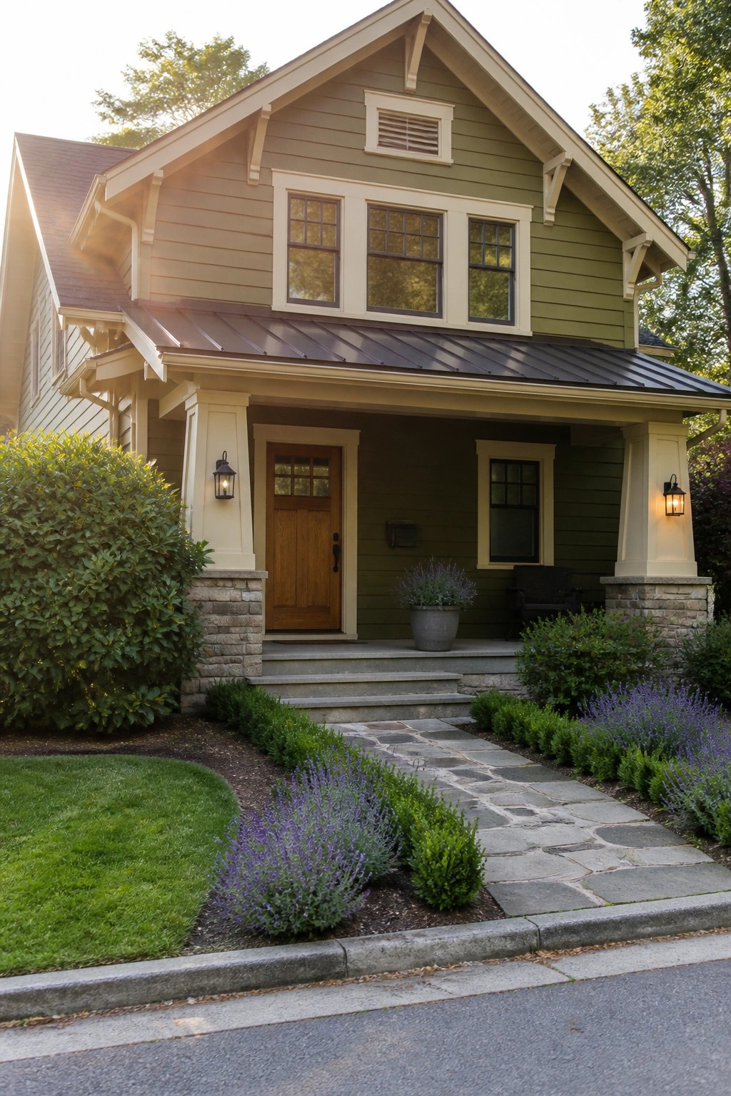 Green two-story house with porch, stone path, and purple lavender garden.