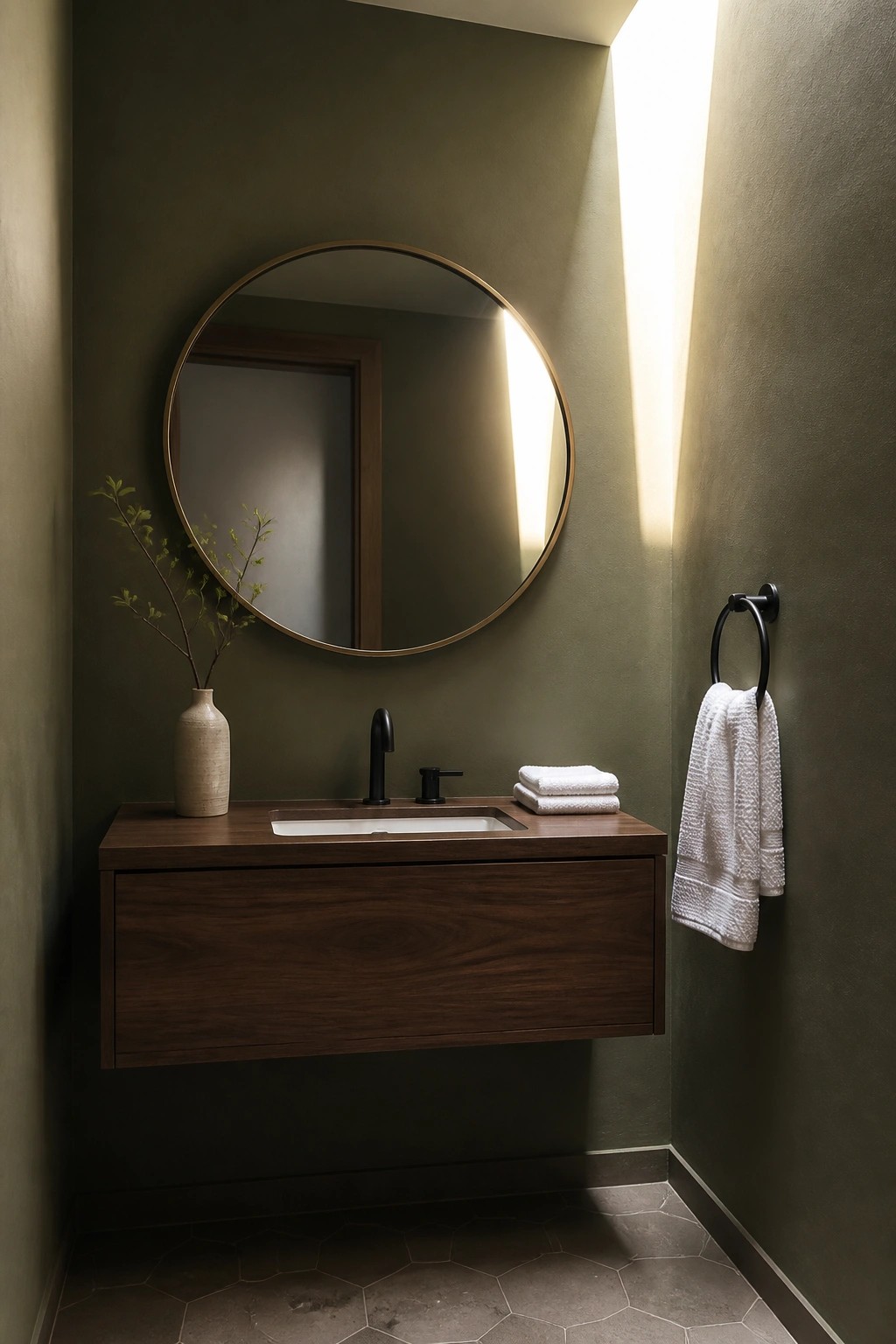 A small bathroom with deep olive green walls and a floating dark wood vanity.