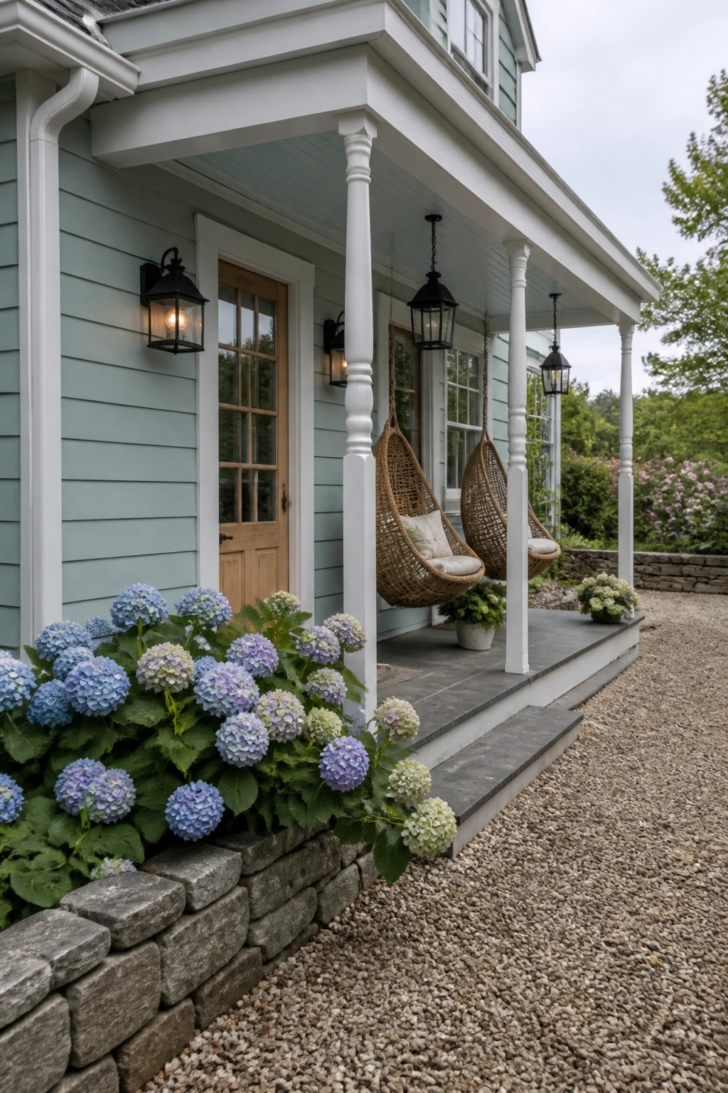 A house exterior painted in soft blue-green siding with white trim and a stone foundation.
