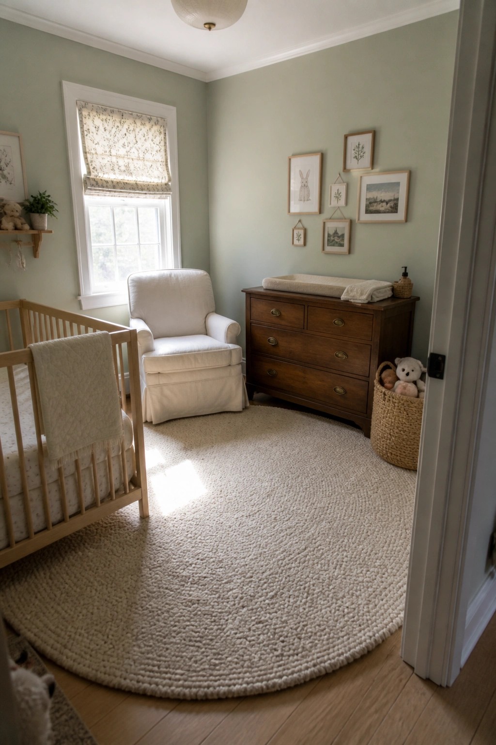 Cozy nursery with wooden crib, white armchair, dresser, round rug, and green walls