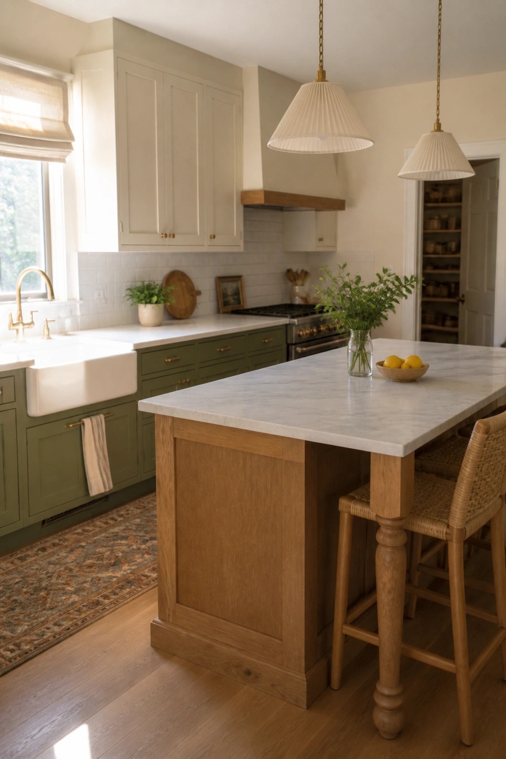 Modern kitchen with sage green cabinets, marble island, and woven bar stools