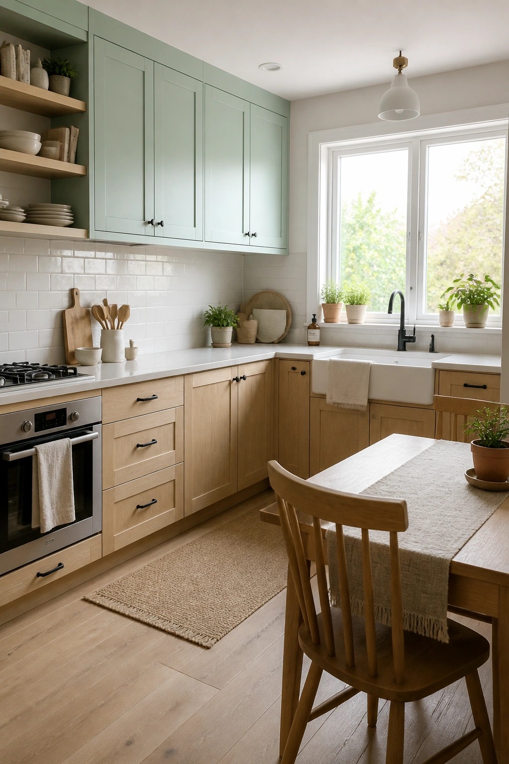 Bright kitchen with sage green cabinets, oak wood floors, farmhouse sink, and dining table.